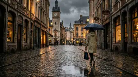 Passant sous la pluie dans une ville du nord de la France