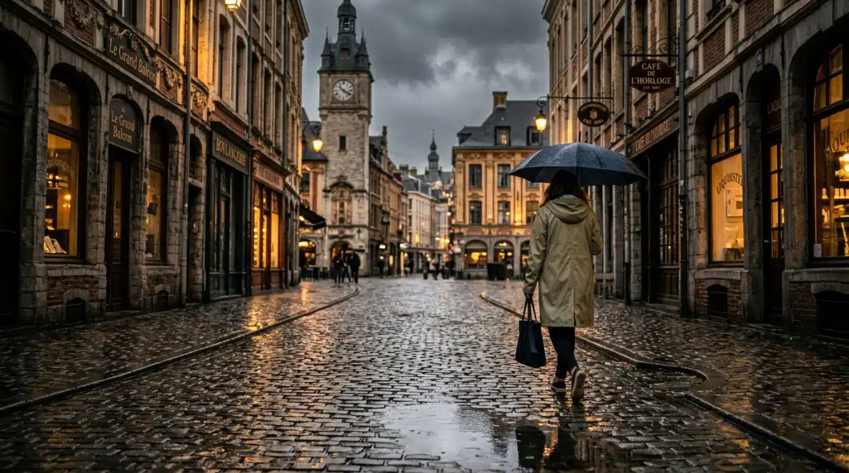 Passant sous la pluie dans une ville du nord de la France