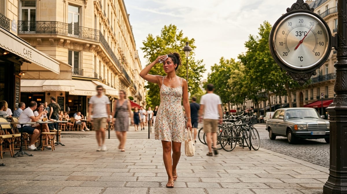 Passante en robe légère sous la chaleur en ville