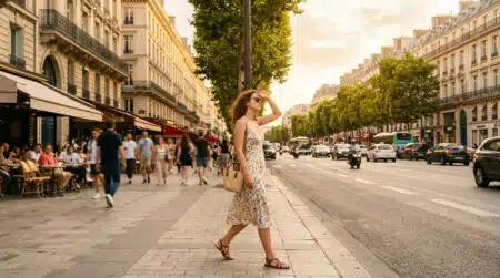 Passante sous le soleil brûlant à Paris