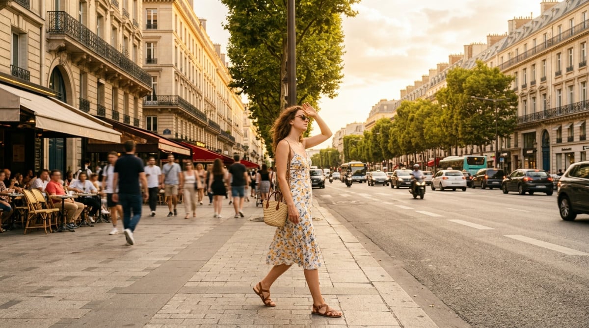 Passante sous le soleil brûlant à Paris