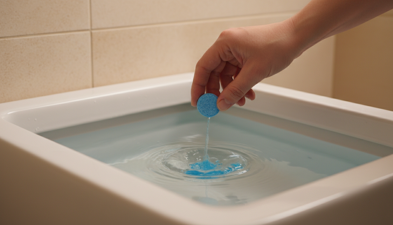 Main déposant une pastille bleue dans un réservoir de WC