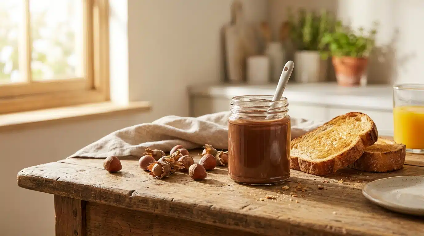 Pot de pâte à tartiner praliné sur table de petit déjeuner