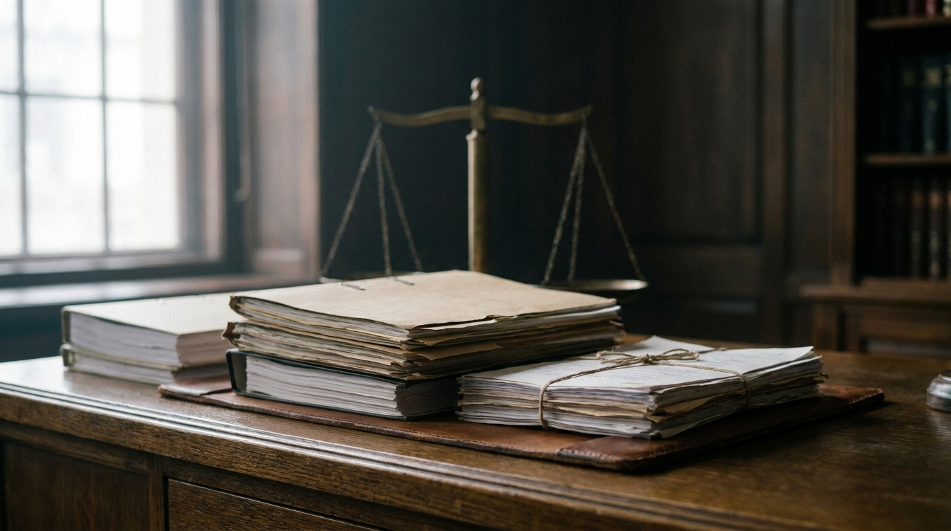 Dossiers juridiques empilés sur un bureau en bois sombre