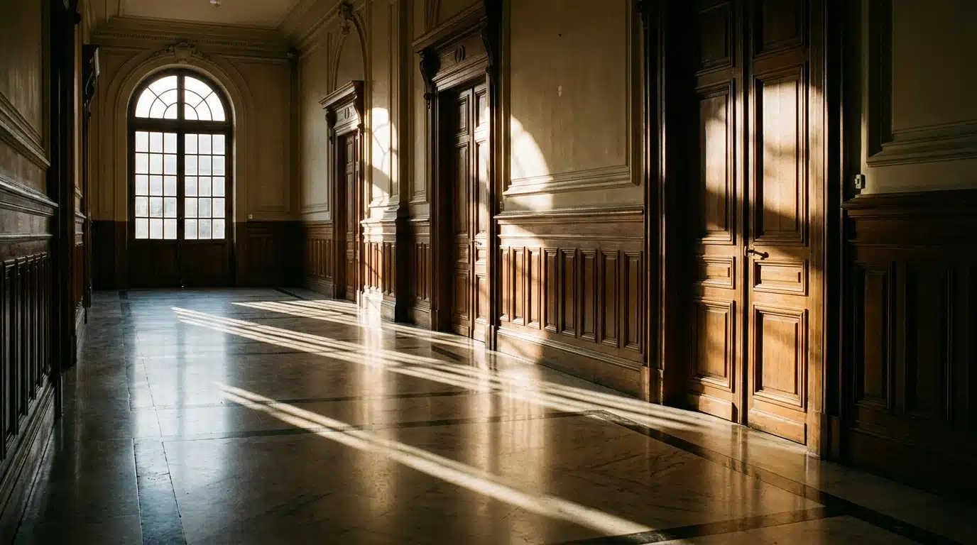 Couloir vide d'un palais de justice français baigné de lumière naturelle
