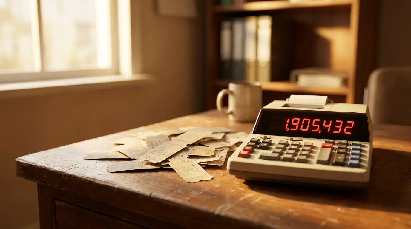 Billets de concert empilés sur un bureau à côté d'une calculatrice