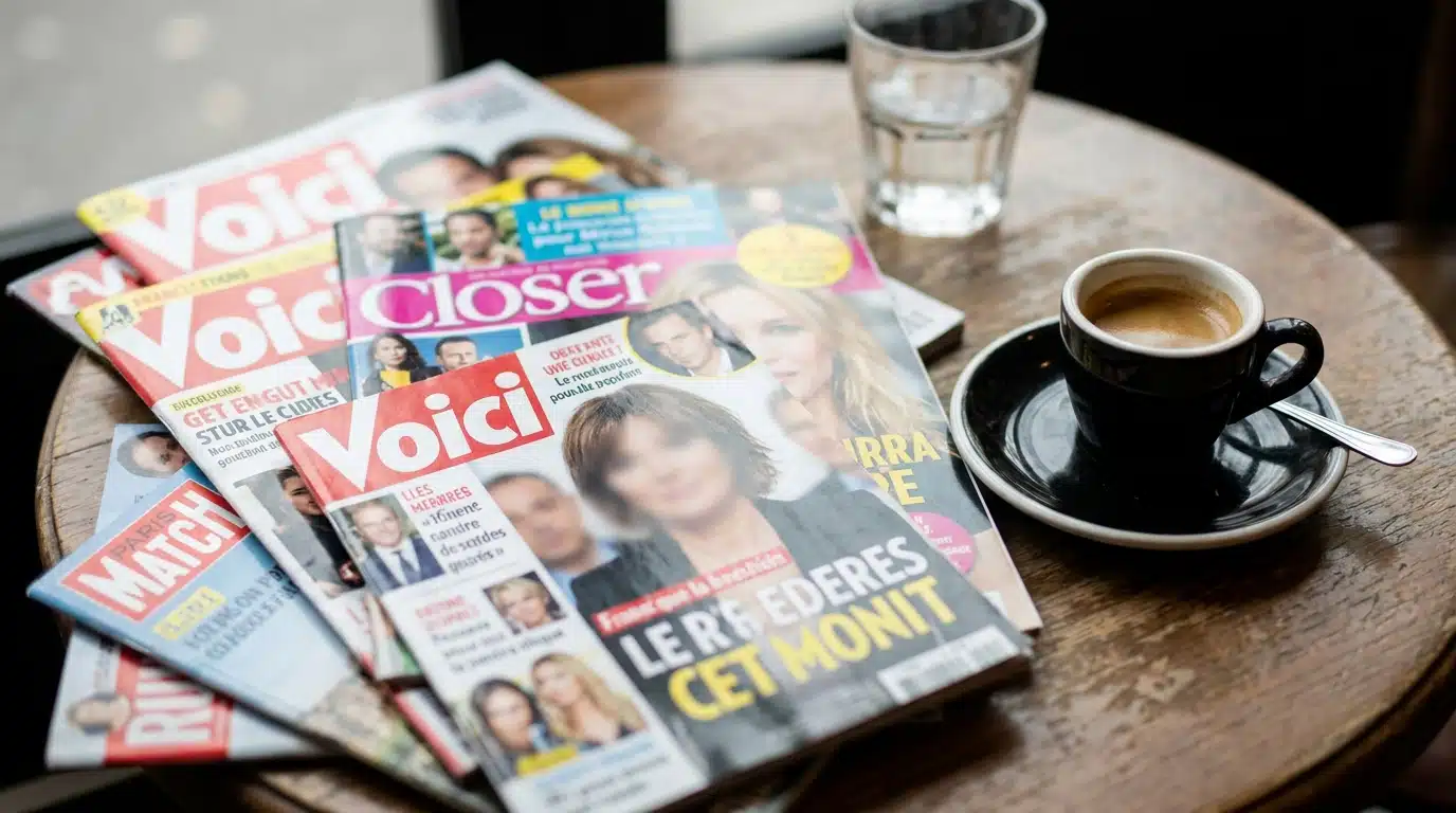 Magazines people français éparpillés sur une table de café