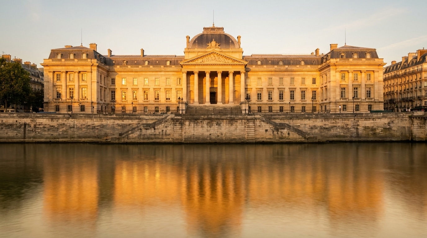 Façade du Palais de Justice de Paris vue depuis la Seine au coucher du soleil