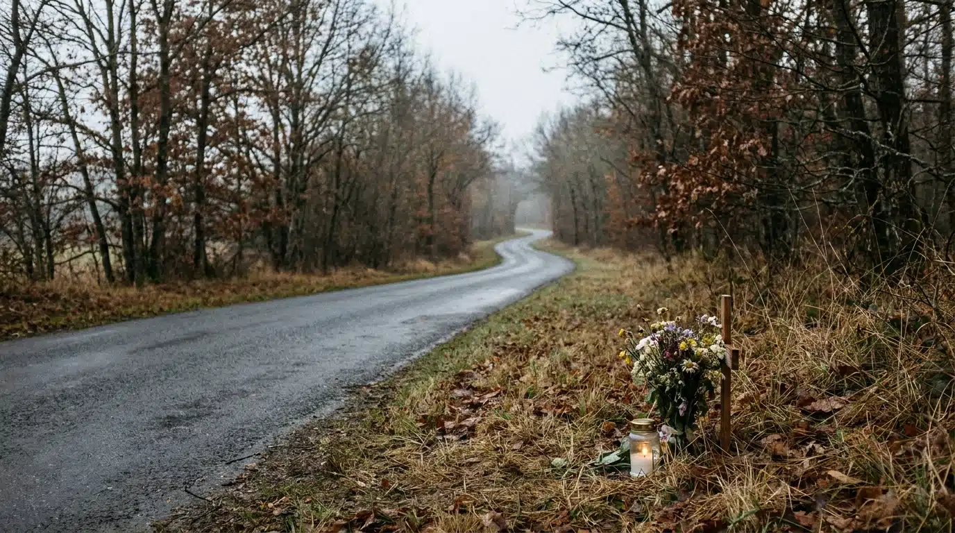 Route de campagne française avec mémorial fleuri au bord de la route en hommage aux victimes d'accidents