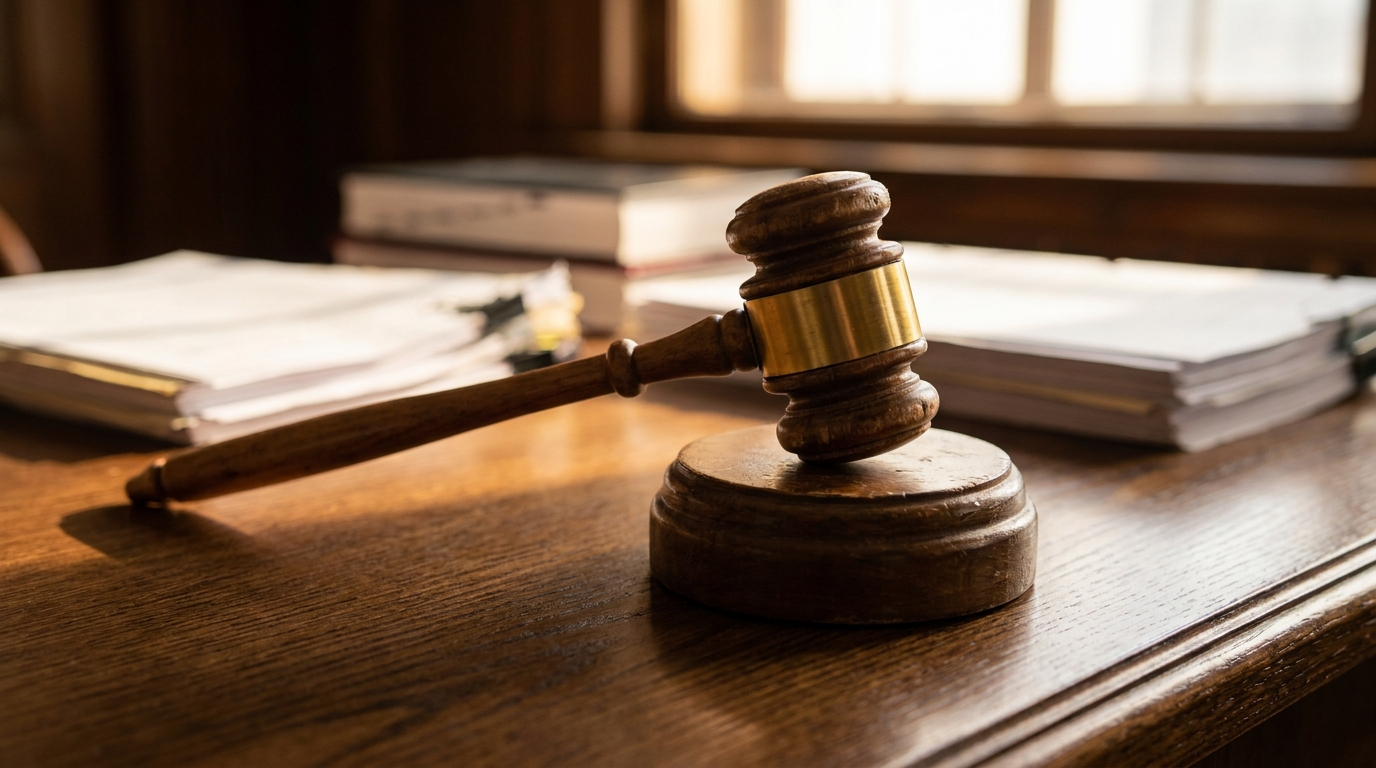 Marteau de justice posé sur un bureau de tribunal