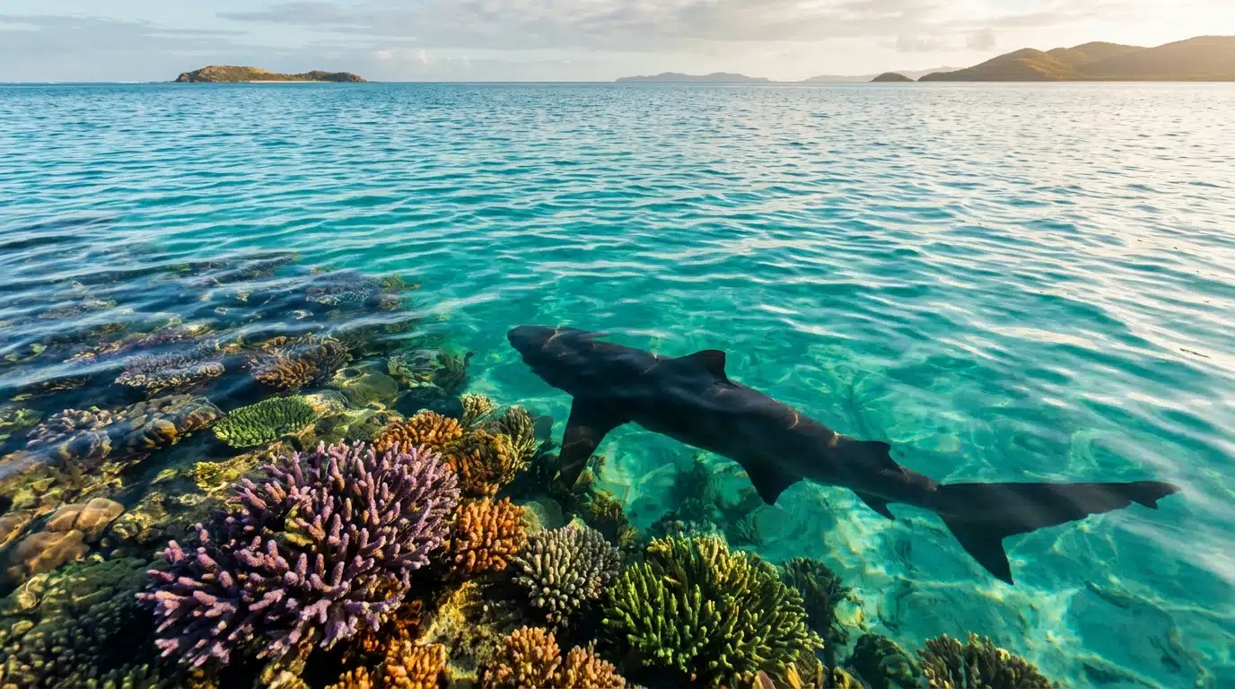 Ombre d'un requin sous un récif corallien tropical
