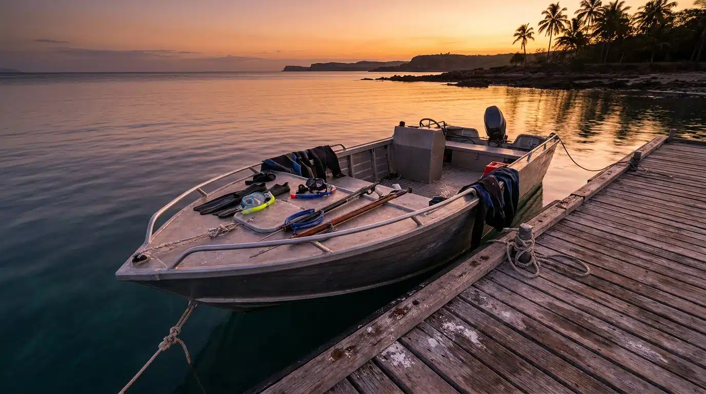 Bateau de pêche avec équipement de plongée au crépuscule