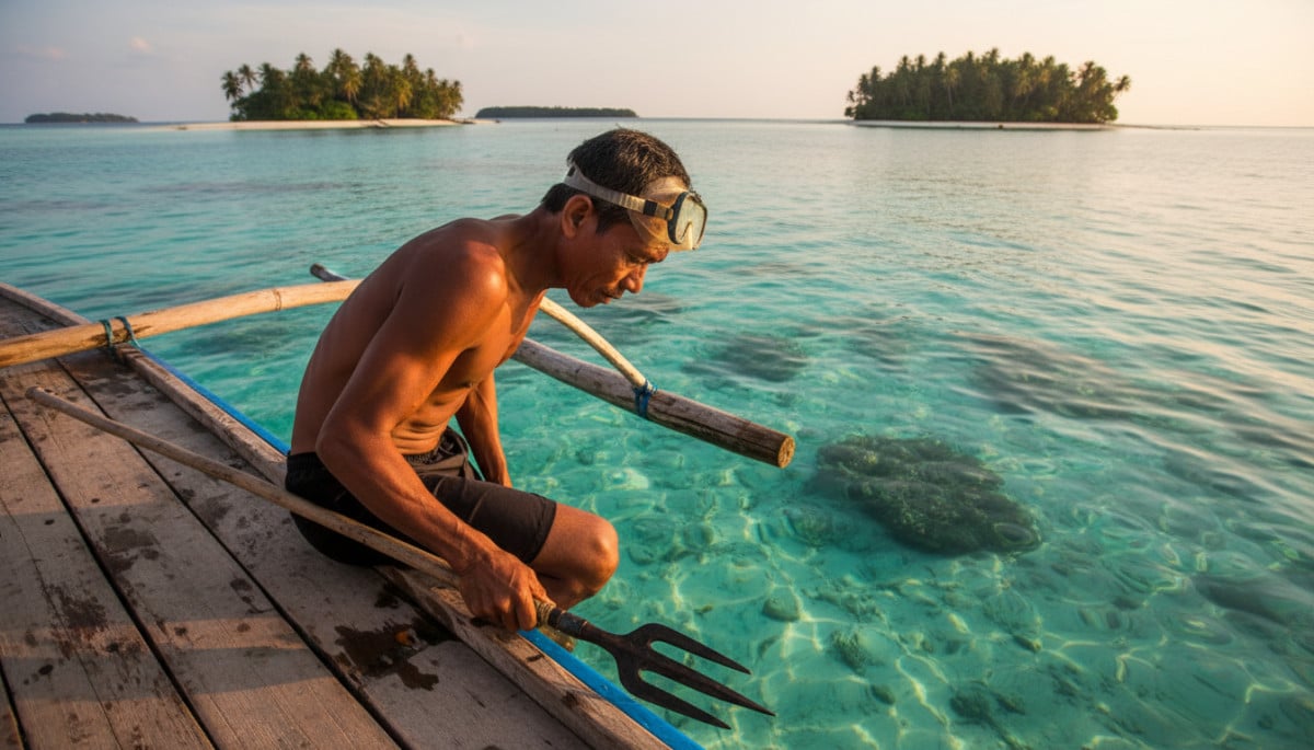 Pêcheur Bajau prêt à plonger depuis une barque
