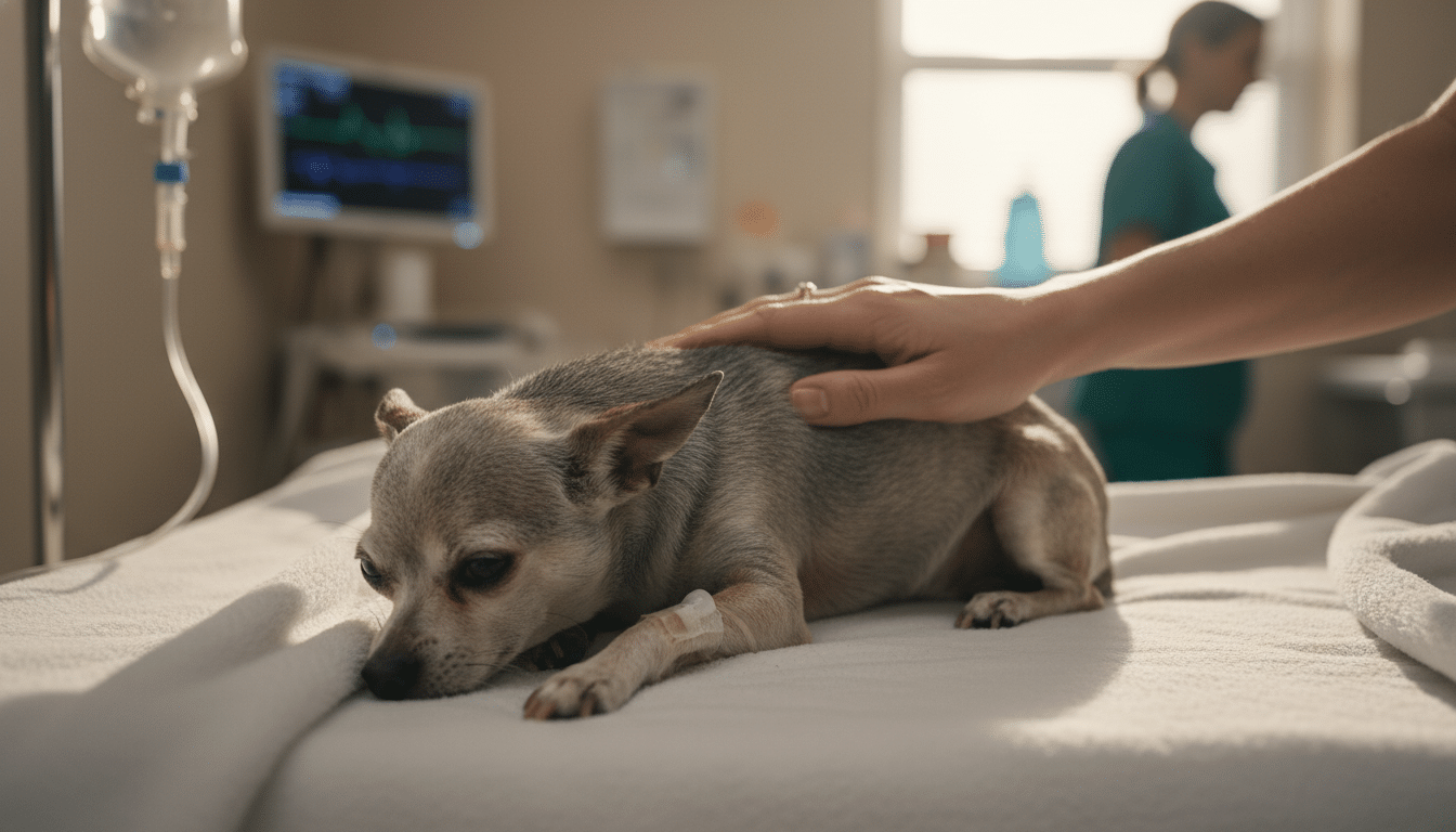 Le petit Chihuahua sous perfusion chez le vétérinaire après son abandon