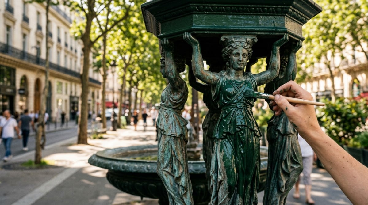 Peinture verte appliquée sur une cariatide de fontaine Wallace