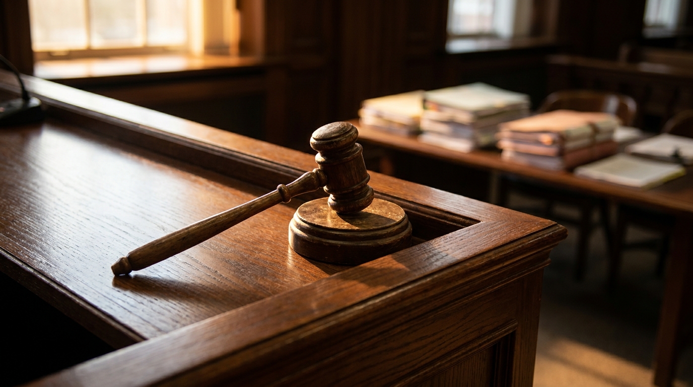 Marteau de justice posé sur un banc de tribunal