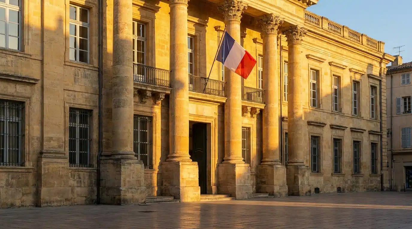 Façade du palais de justice d'Aix-en-Provence à l'aube