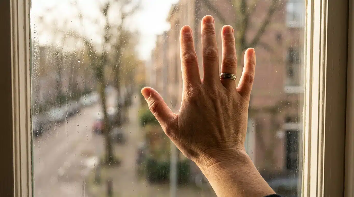 Main de femme pressée contre une vitre éclairée par le jour
