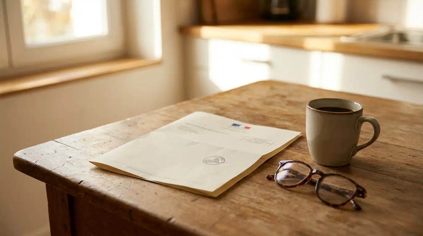 Document de pension posé sur une table à côté d'un café
