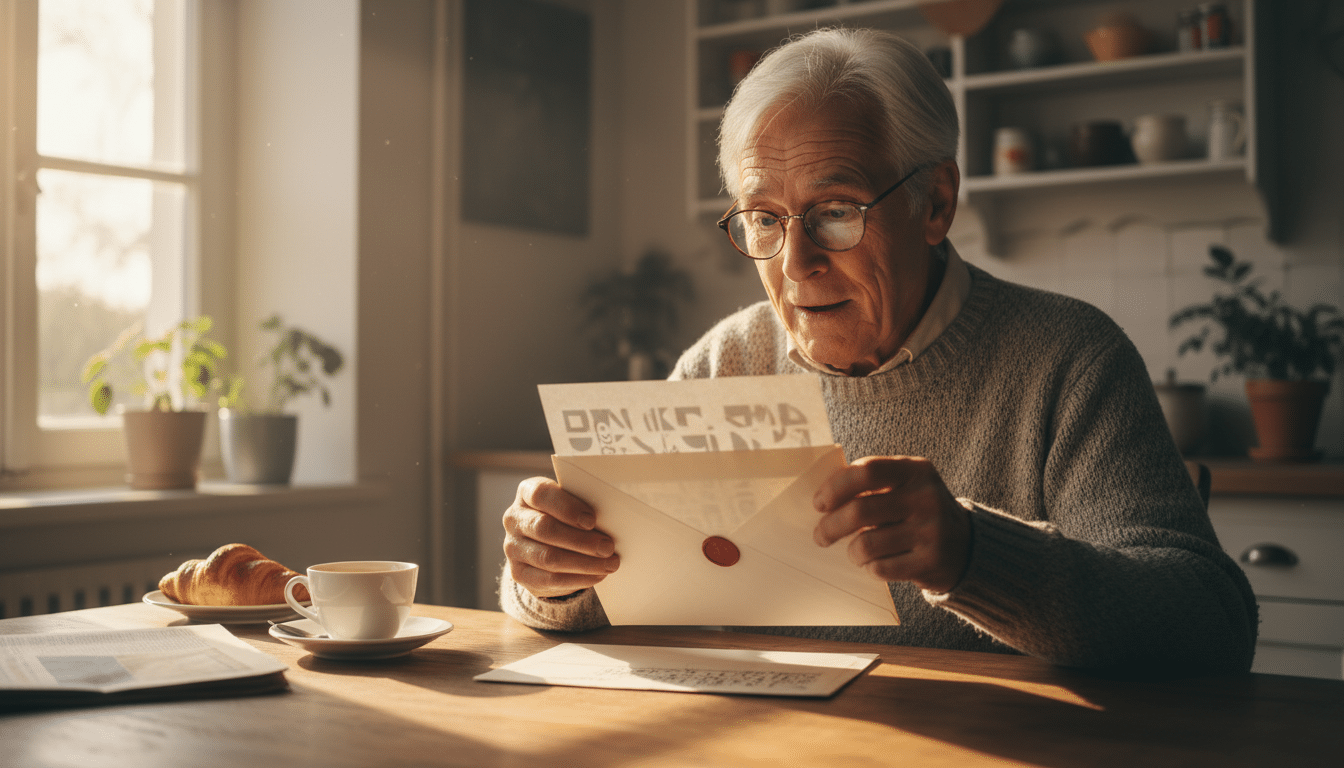Retraité ouvrant un courrier officiel de l'Union Retraite