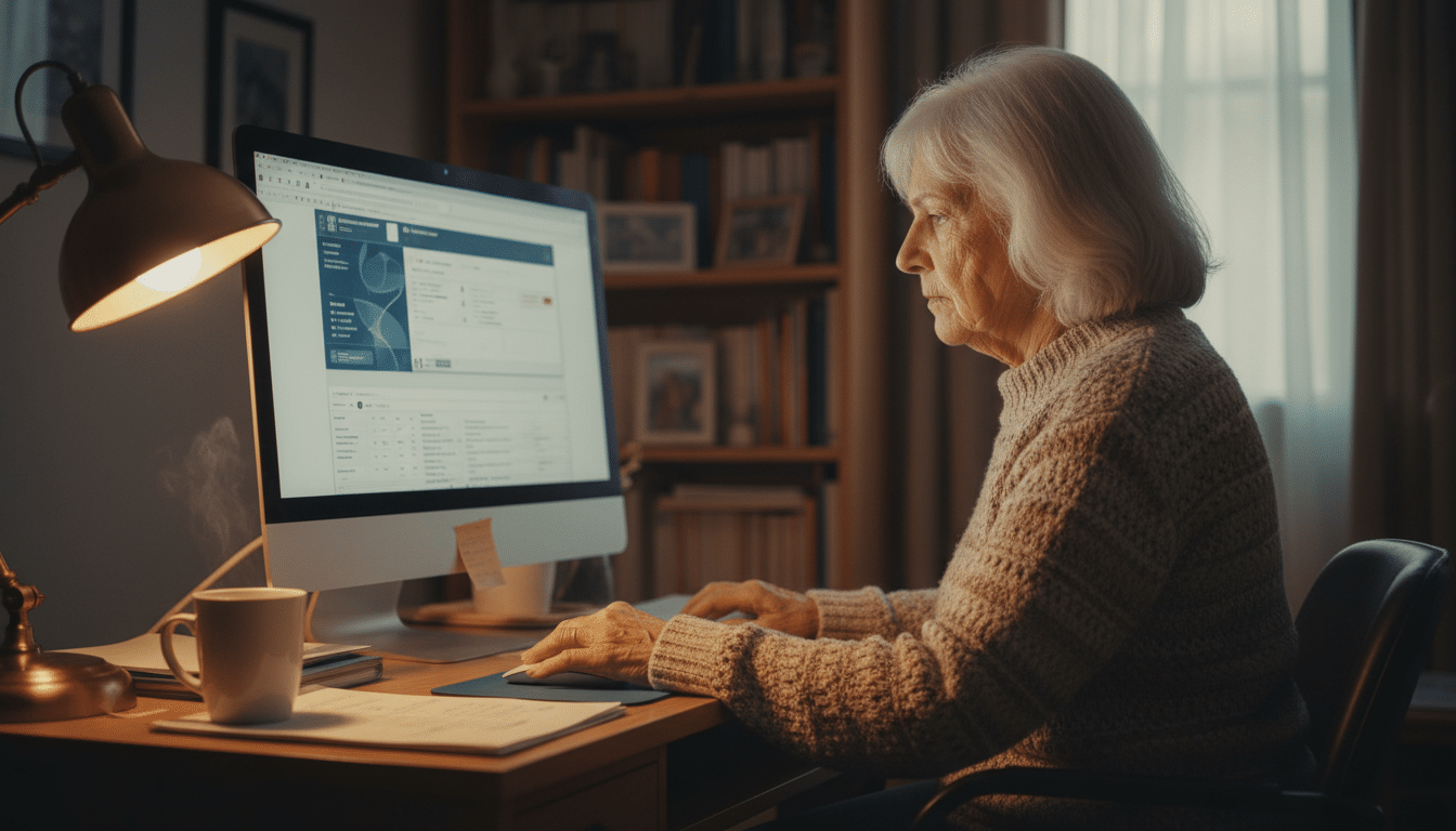 Retraitée vérifiant ses droits de pension sur le portail Info-Retraite