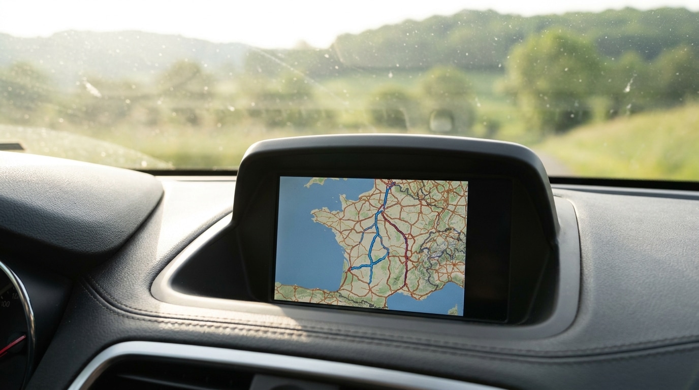 Écran GPS sur un tableau de bord avec carte routière