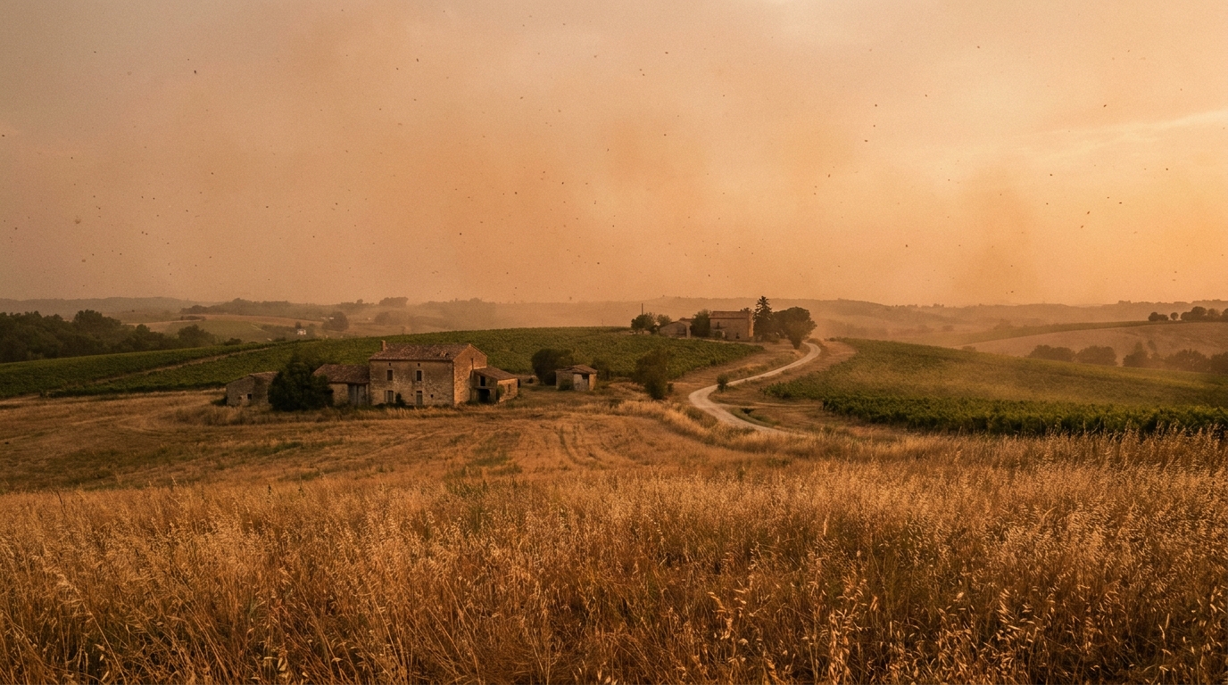 Ciel orangé chargé de poussière au-dessus de la campagne française