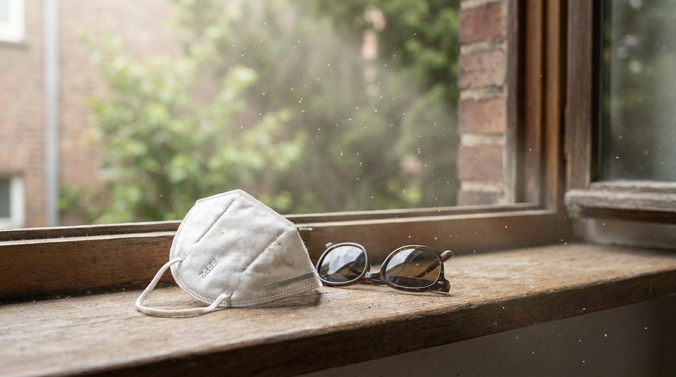 Masque FFP2 et lunettes de soleil posés sur un rebord de fenêtre