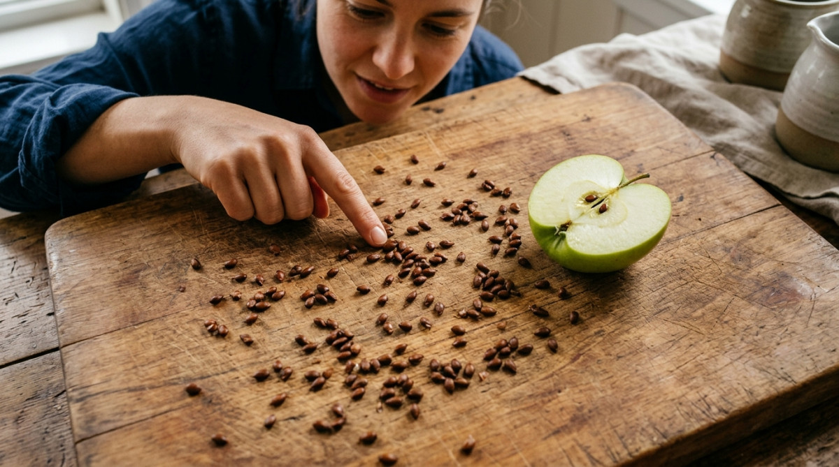 Pépins de pomme éparpillés sur une planche en bois