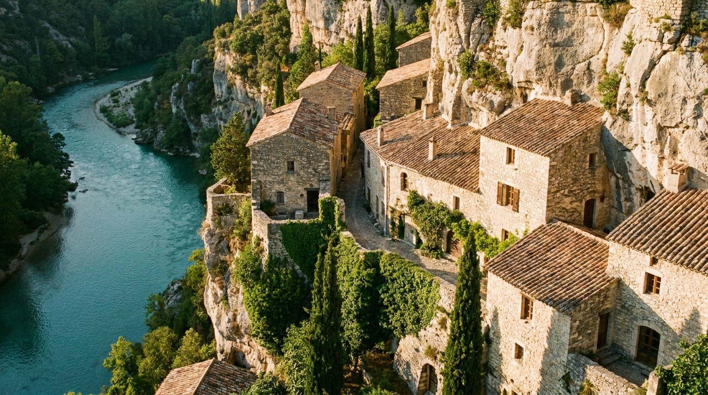 Village de pierre perché sur une falaise calcaire au-dessus d'une rivière