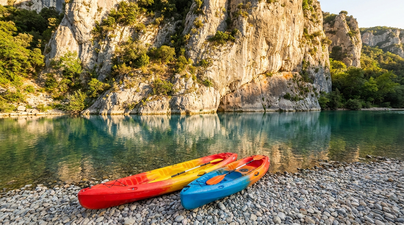 Kayaks colorés posés sur une plage de galets au bord de l'Ardèche