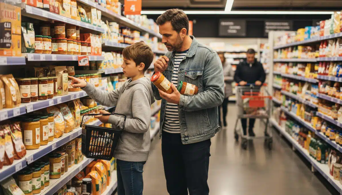 Père et fils faisant les courses au supermarché