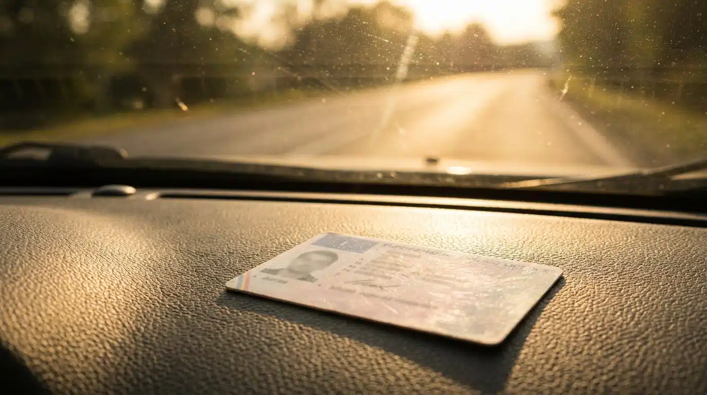 Permis de conduire posé sur un tableau de bord de voiture
