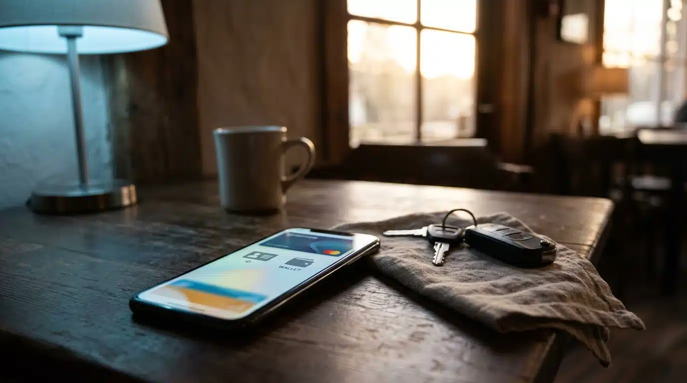 Smartphone et clés de voiture sur une table en bois