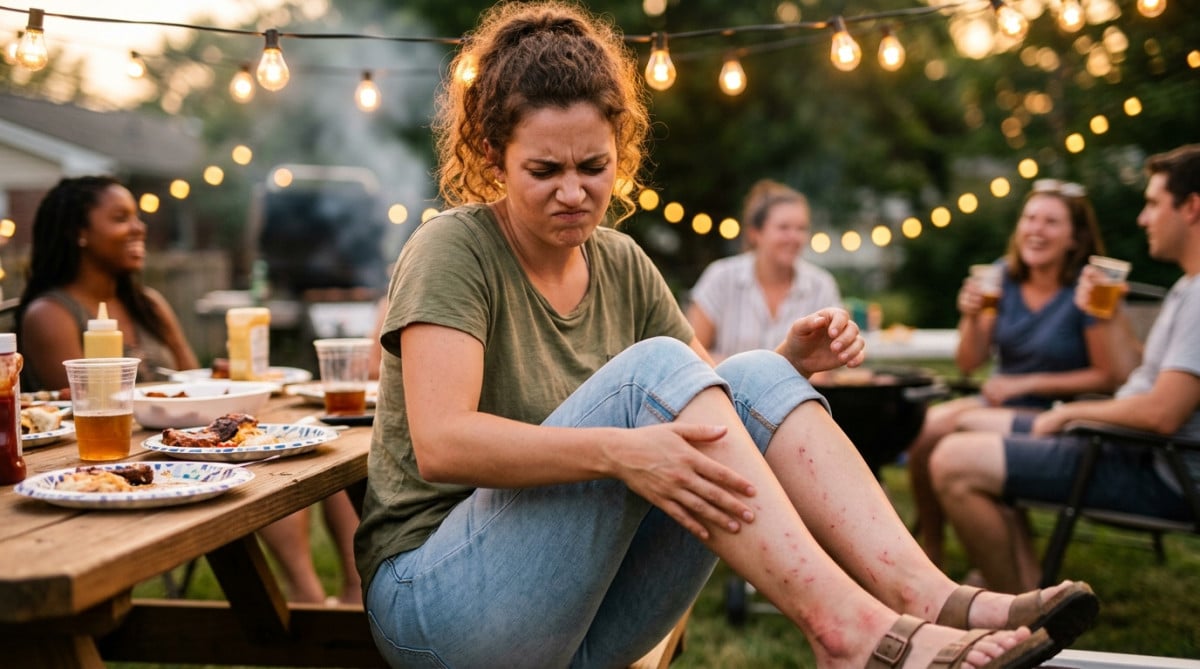 Personne agacée par des piqûres de moustiques lors d'un barbecue