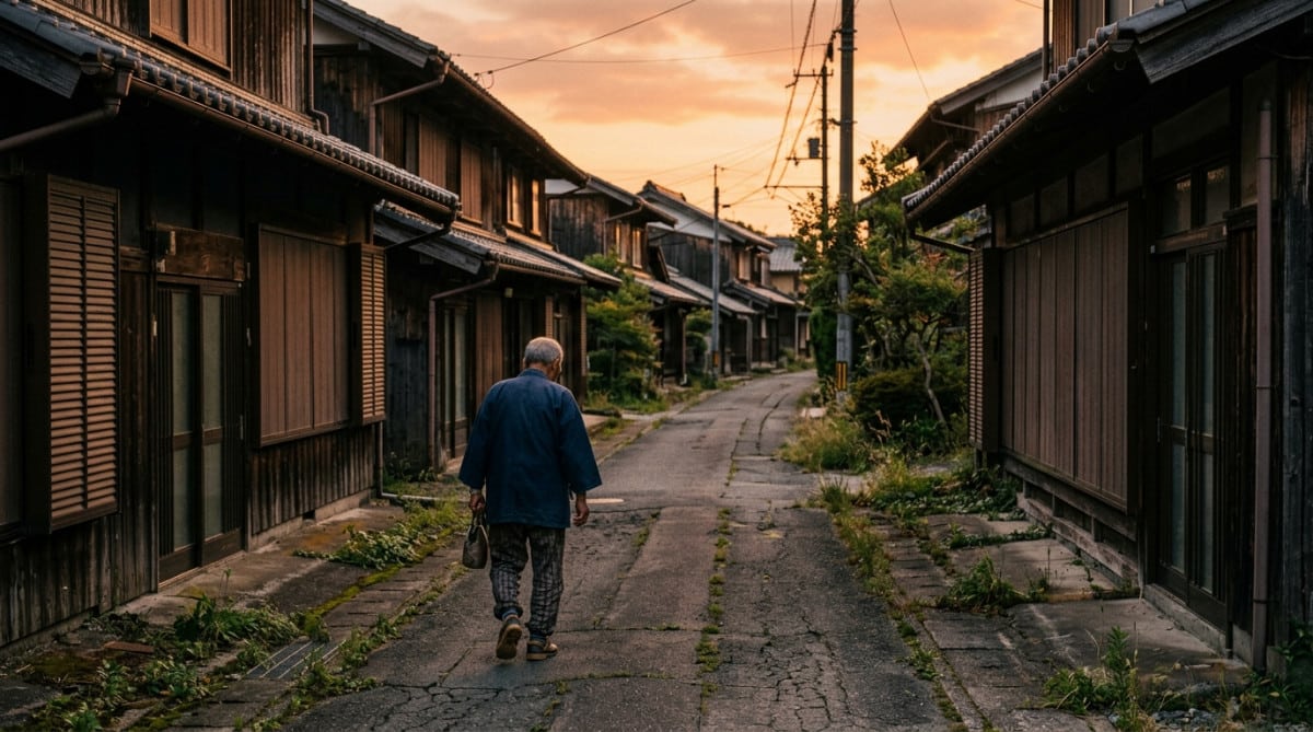 Personne âgée marchant seule dans une rue déserte au Japon rural