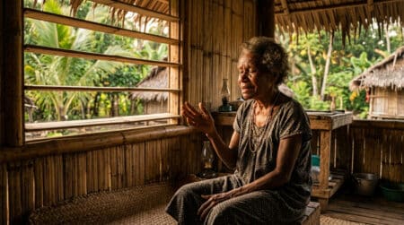 Personne âgée seule dans un village tropical isolé