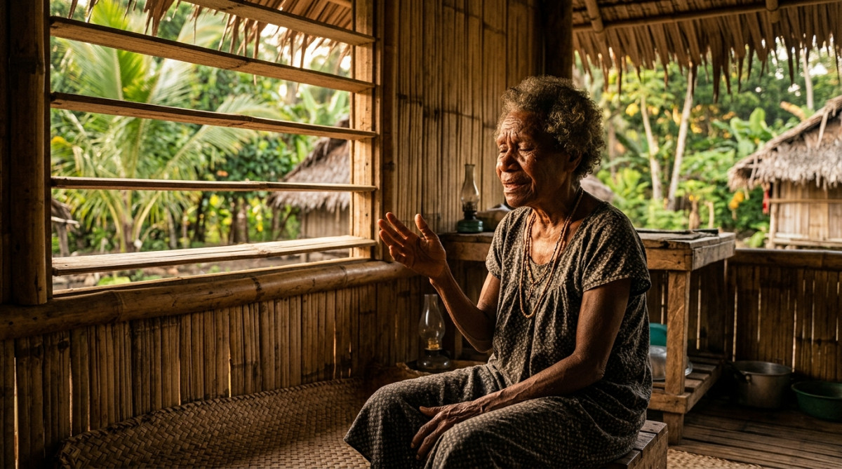 Personne âgée seule dans un village tropical isolé