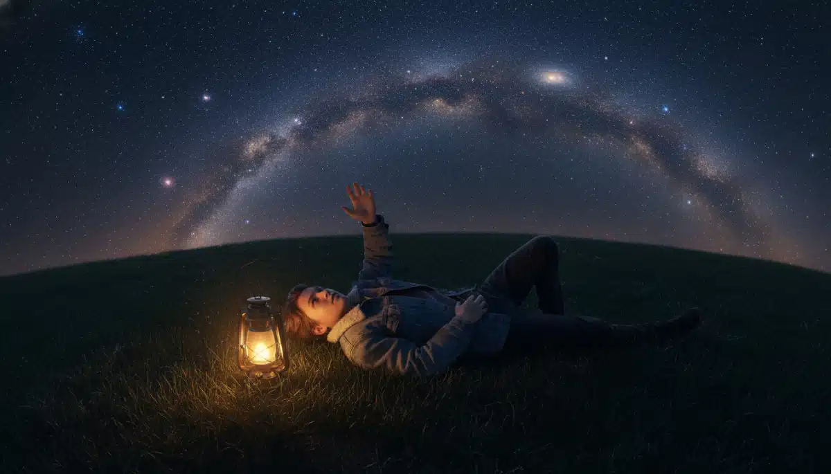Personne allongée regardant le ciel étoilé noir la nuit