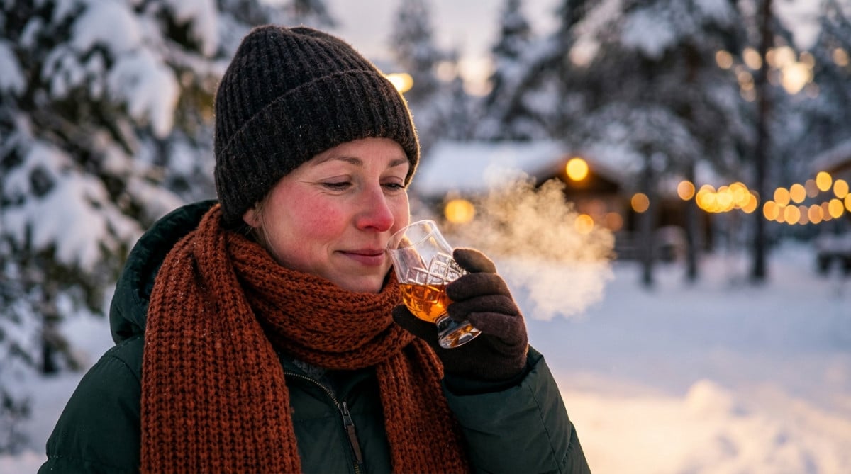Personne buvant un alcool fort en hiver par grand froid