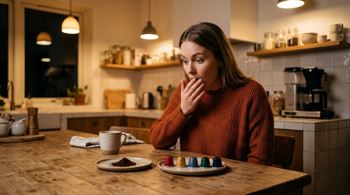 Personne comparant café moulu et capsules en cuisine