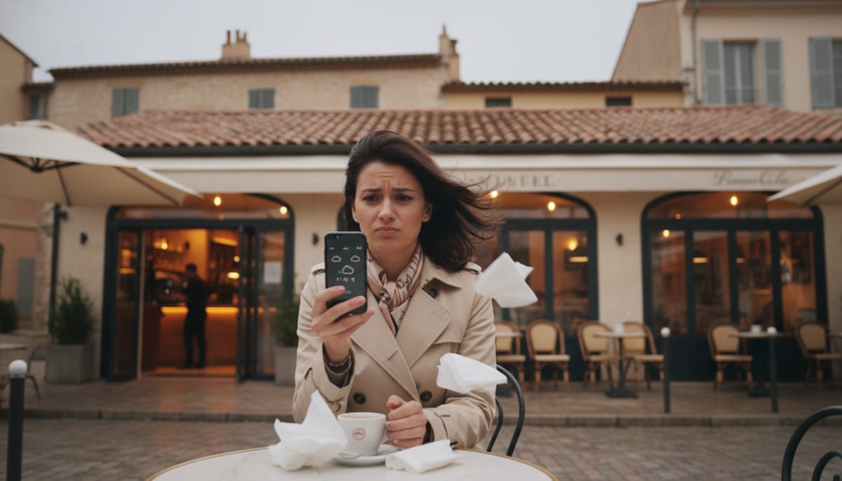 Personne consultant la météo en terrasse ventée