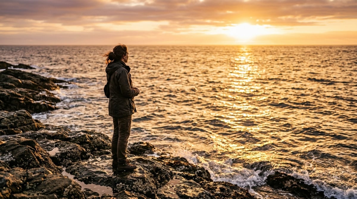 Personne contemplant l'océan doré au coucher du soleil