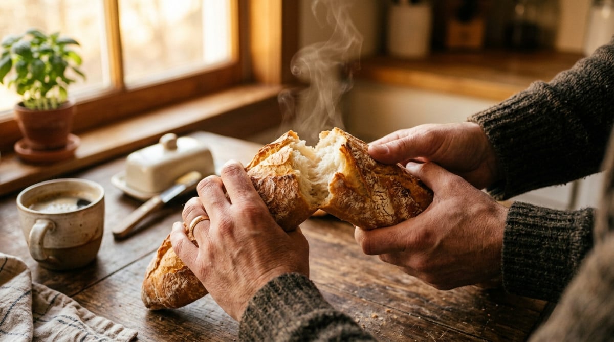 Personne coupant une baguette de pain blanc fraîche