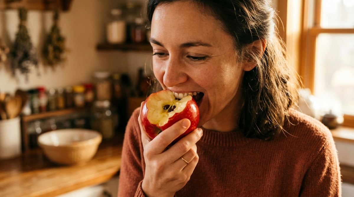 Personne croquant une pomme rouge avec pépins visibles