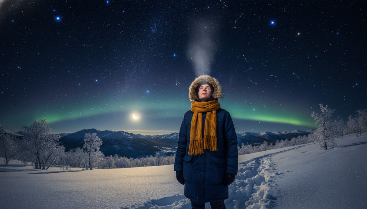 Personne dans le froid regardant un ciel étoilé hivernal
