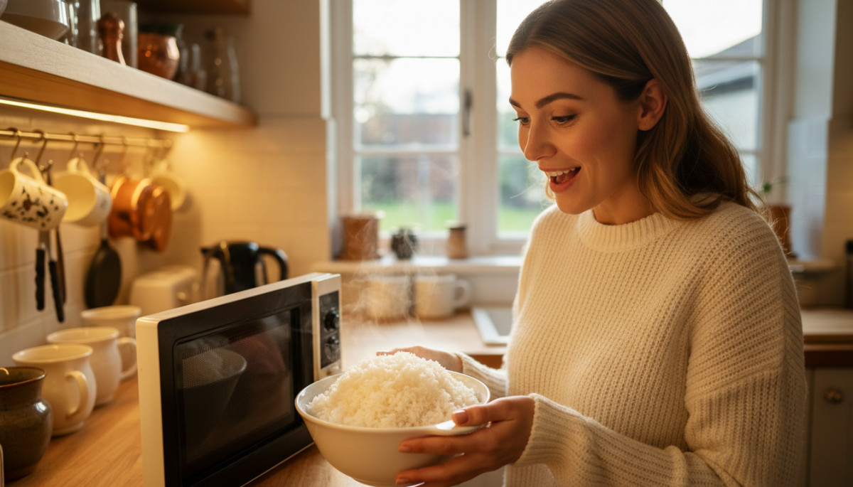 Personne découvrant du riz moelleux réchauffé au micro-ondes