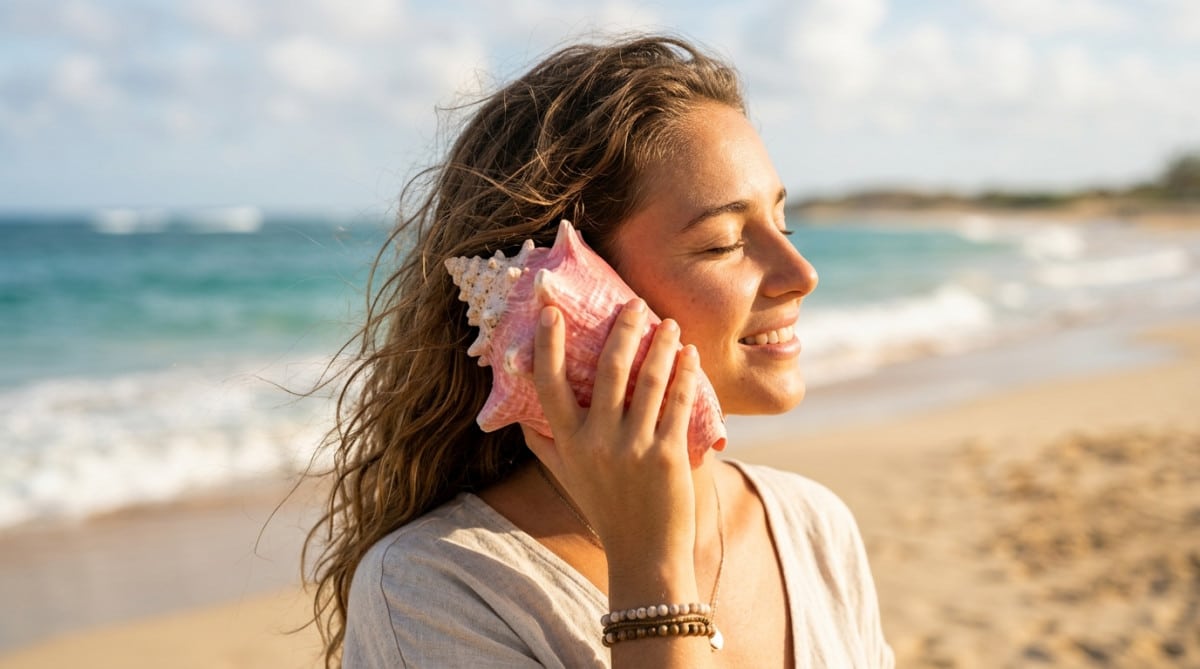 Personne écoutant un coquillage sur la plage