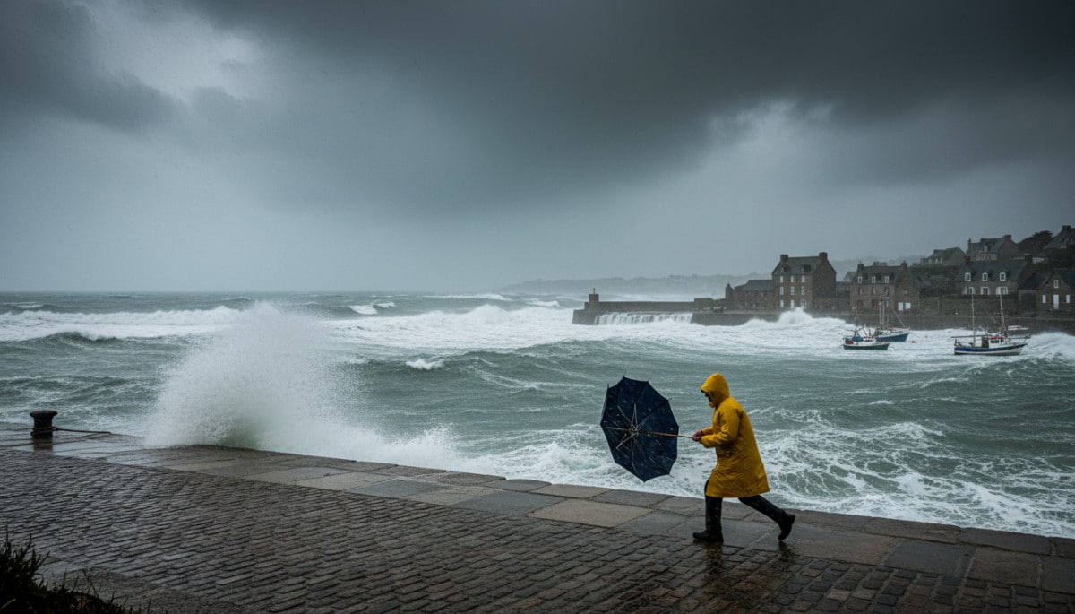 Personne en imperméable sous la pluie en Bretagne