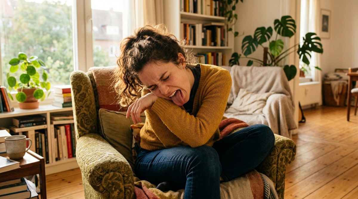 Personne essayant de se lécher le coude avec une expression comique